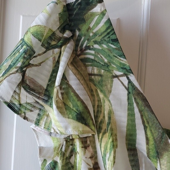 JUST TAYLOR PALM BAMBOO MAXIDRESS GREEN CREAM SIZE 8 EMPIRE WAIST FLUTTER SLEEVE - Picture 2 of 15